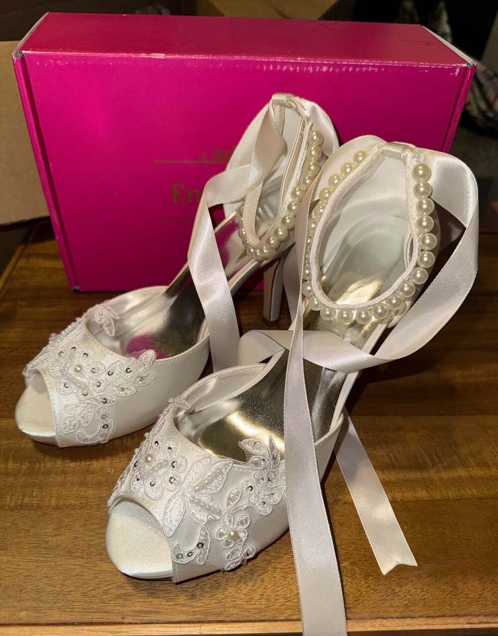 Emily Bridal Women's Wedding Shoes Ivory Satin Peep Toe High Heels Lace, Pearls,